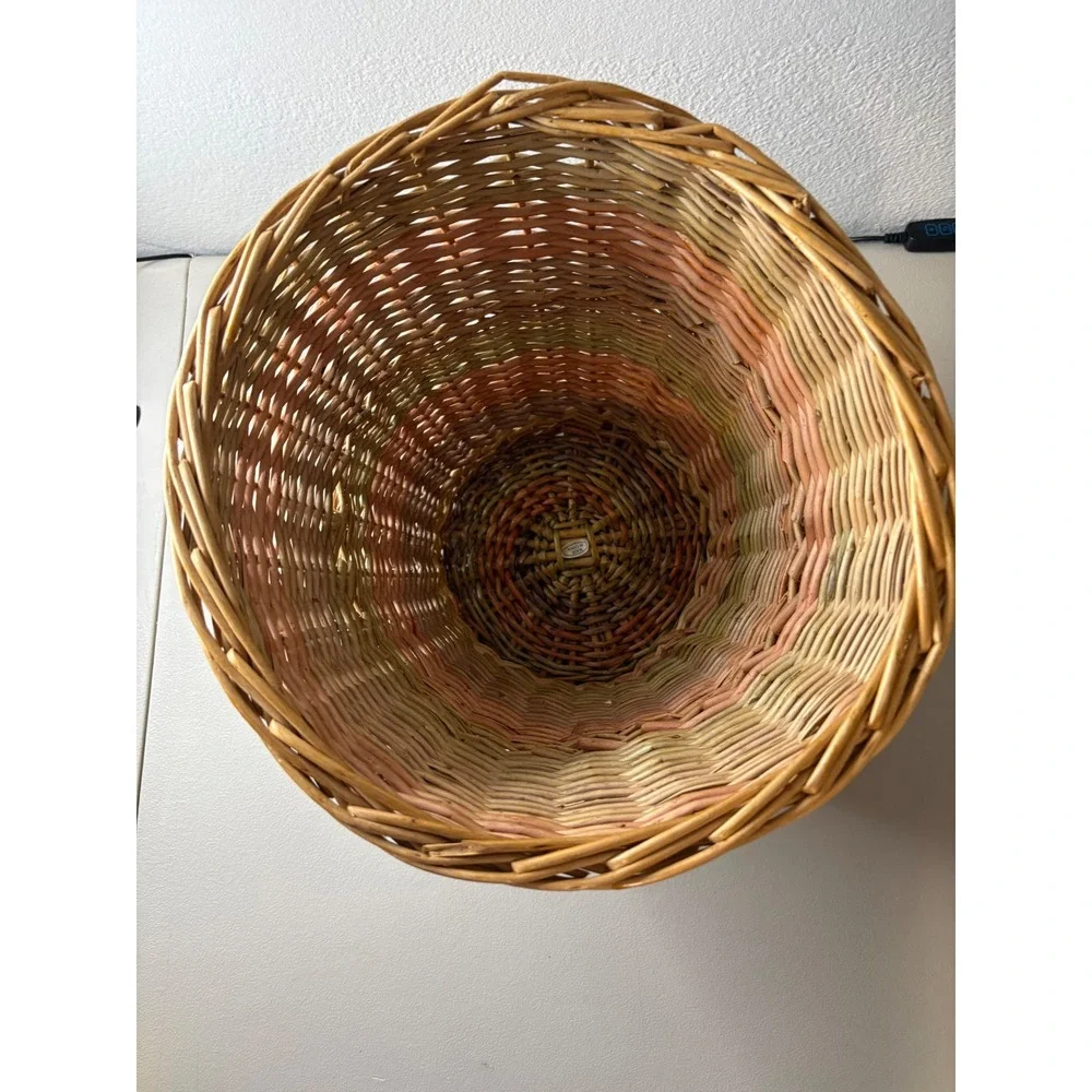 VTG Woven Wicker Basket Tapered Boho Wastebasket Pink Green Tan 11x11 Boho